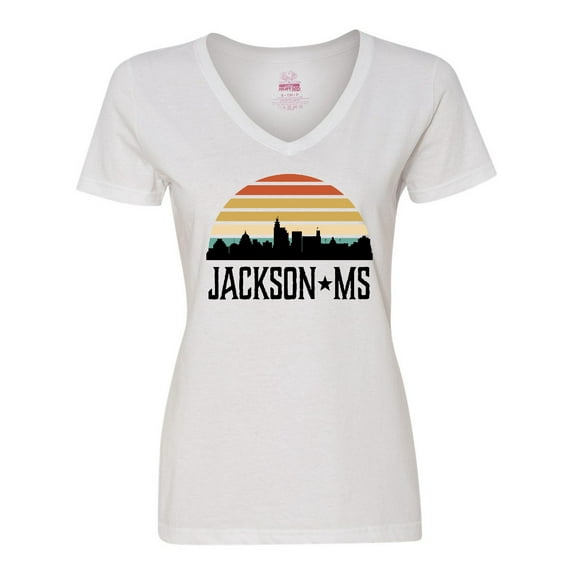 Inktastic Jackson Mississippi Skyline Retro Women's V-Neck T-Shirt