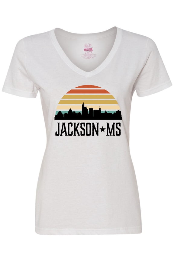 Jackson Mississippi Skyline Retro Women's V-Neck T-Shirt