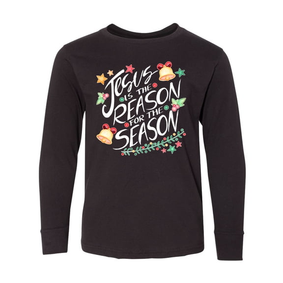 Inktastic Jesus is the Reason for the Season Christmas Bells and Stars Long Sleeve Youth T-Shirt