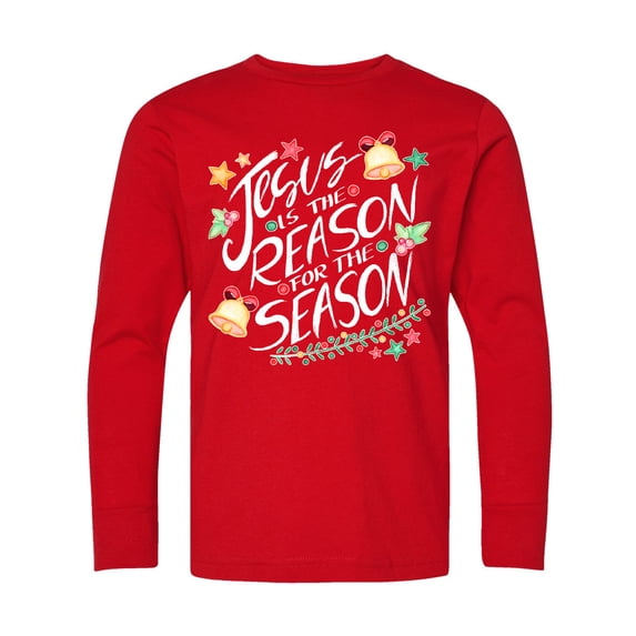 Inktastic Jesus is the Reason for the Season Christmas Bells and Stars Long Sleeve Youth T-Shirt