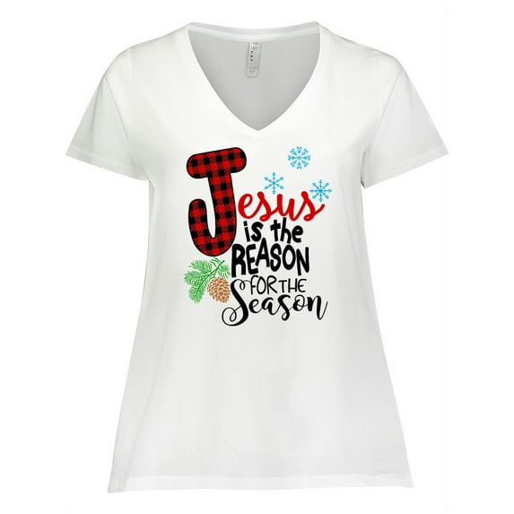 Inktastic Jesus is the Reason for the Season Pinecone and Snowflakes Women's Plus Size V-Neck T-Shirt