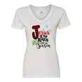 thumbnail image 1 of Inktastic Jesus is the Reason for the Season Pinecone and Snowflakes Women's V-Neck T-Shirt, 1 of 5