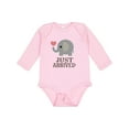 thumbnail image 1 of Inktastic Just Arrived Baby Elephant Boys or Girls Long Sleeve Baby Bodysuit, 1 of 5