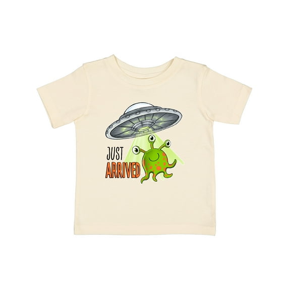 Inktastic Just Arrived- Cute Green Alien UFO Newborn Baby Boys or Girls Baby T-Shirt