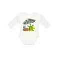 thumbnail image 1 of Inktastic Just Arrived- Cute Green Alien UFO Newborn Baby Boys or Girls Long Sleeve Baby Bodysuit, 1 of 5
