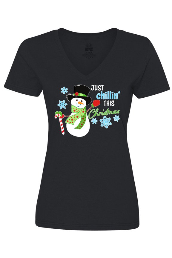 Just Chillin' This Christmas Fun Snowman in Top Hat Women's V-Neck T-Shirt