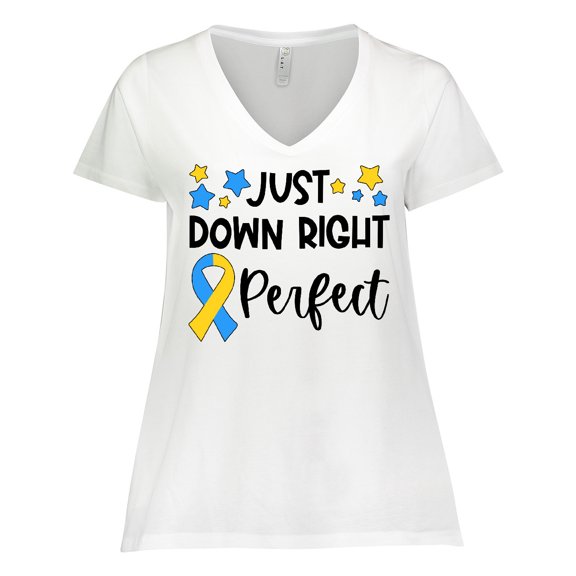 Inktastic Just Down RIght Perfect Down Syndrome Awareness Ribbon Women's Plus Size V-Neck T-Shirt