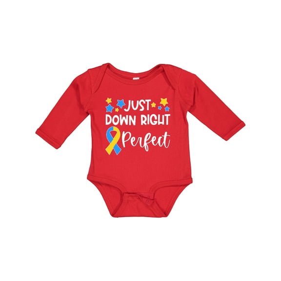 Inktastic Just Down Right Perfect Down Syndrome Awareness Ribbon Boys or Girls Long Sleeve Baby Bodysuit