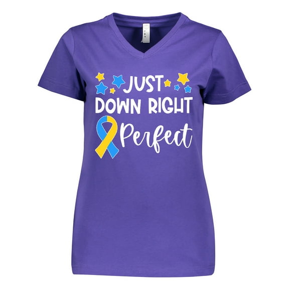 Inktastic Just Down Right Perfect Down Syndrome Awareness Ribbon Women's V-Neck T-Shirt