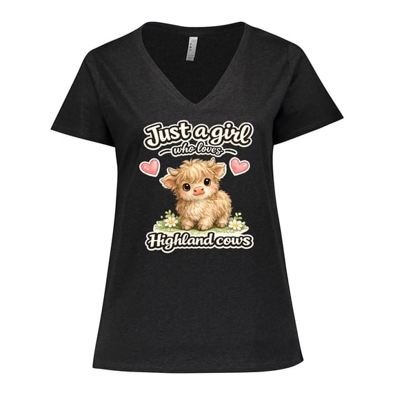 Inktastic Just a Girl Who Loves Highland Cows Cute Shirt Women's Plus Size V-Neck T-Shirt