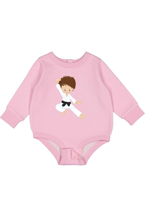 Karate Boy, Cute Boy, Black Belt, Brown Hair Baby Fleece Bodysuit