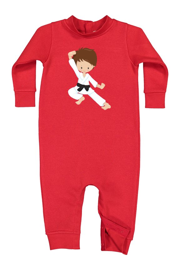 Karate Boy, Cute Boy, Black Belt, Brown Hair Baby Fleece Romper