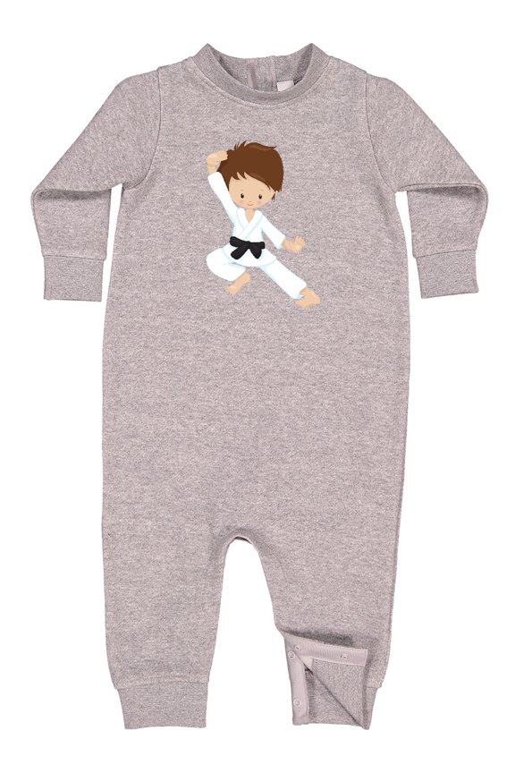 Karate Boy, Cute Boy, Black Belt, Brown Hair Baby Fleece Romper