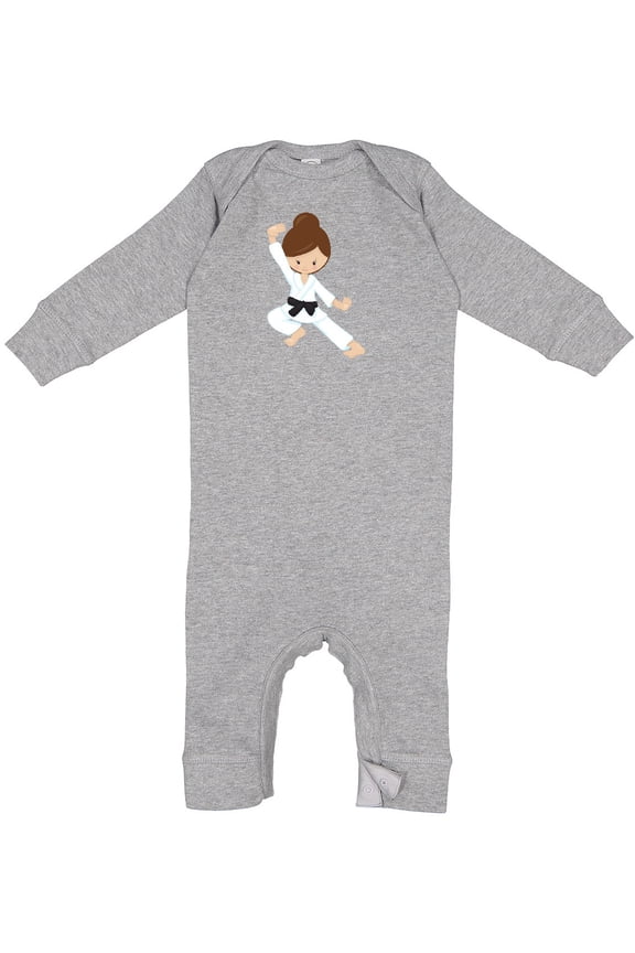 Karate Girl, Cute Girl, Black Belt, Brown Hair Baby Romper Coveralls