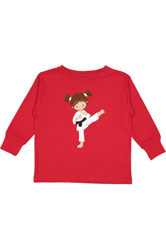 Karate Girl, Cute Girl, Brown Hair, Black Belt Girls Long Sleeve Toddler T-Shirt