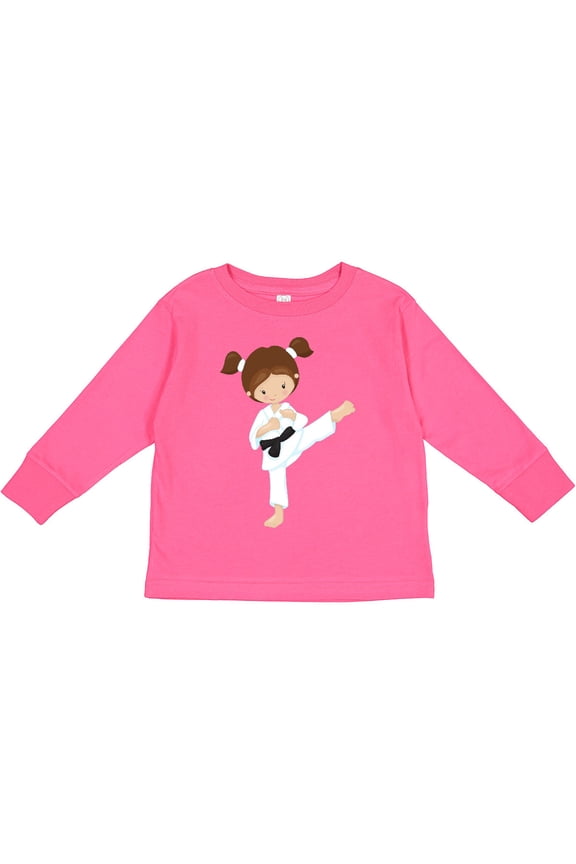 Karate Girl, Cute Girl, Brown Hair, Black Belt Girls Long Sleeve Toddler T-Shirt