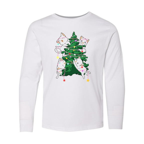 Inktastic Kawaii Cats Christmas Tree Long Sleeve Youth T-Shirt