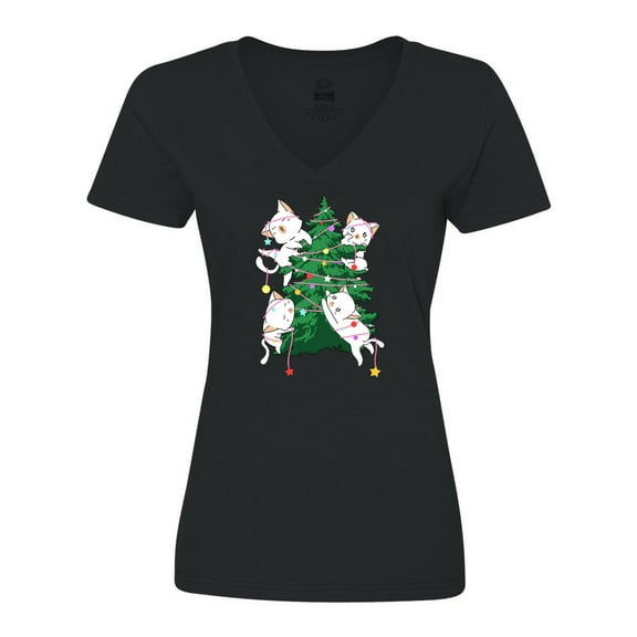 Inktastic Kawaii Cats Christmas Tree Women's V-Neck T-Shirt