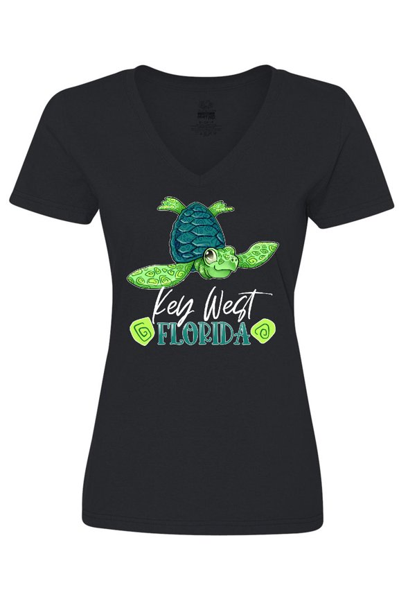 Key West, Florida Happy Sea Turtle Women's V-Neck T-Shirt