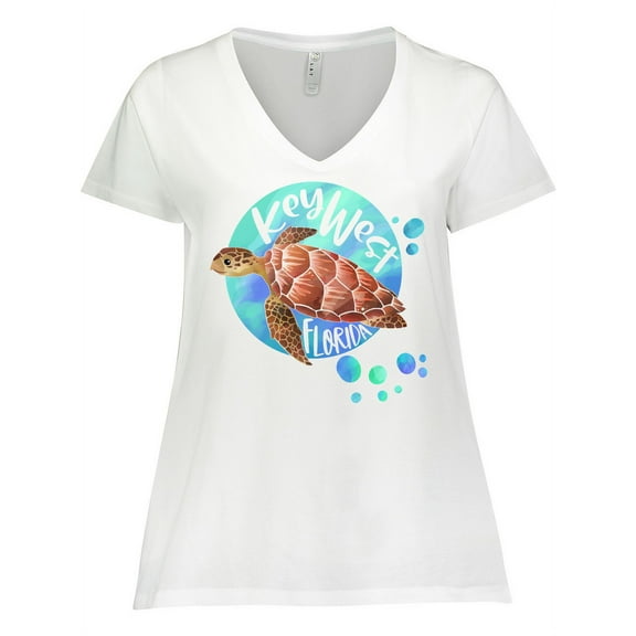 Inktastic Key West, Florida Swimming Sea Turtle with Bubbles Women's Plus Size V-Neck T-Shirt
