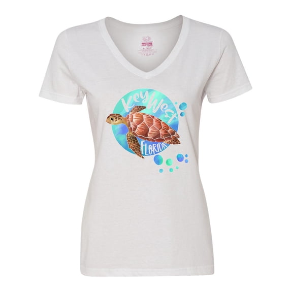 Inktastic Key West, Florida Swimming Sea Turtle with Bubbles Women's V-Neck T-Shirt