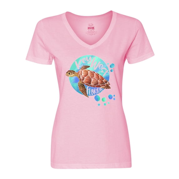 Inktastic Key West, Florida Swimming Sea Turtle with Bubbles Women's V-Neck T-Shirt