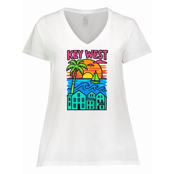 Inktastic Key West Sunset Tropical Vibes Women's Plus Size V-Neck T-Shirt