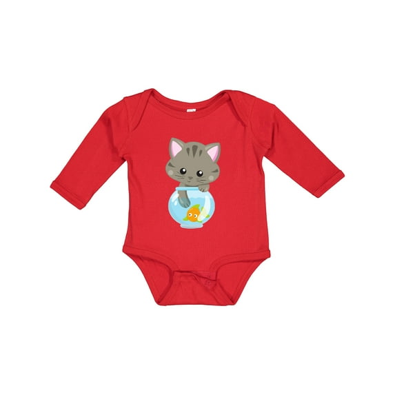 Inktastic Kitty And The Fish Bowl, Cute Little Cat, Fish Girls Long Sleeve Baby Bodysuit