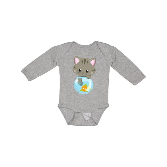 Inktastic Kitty And The Fish Bowl, Cute Little Cat, Fish Girls Long Sleeve Baby Bodysuit