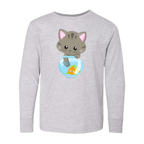 Inktastic Kitty And The Fish Bowl, Cute Little Cat, Fish Long Sleeve Youth T-Shirt