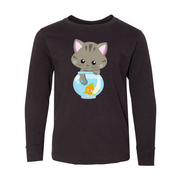 Inktastic Kitty And The Fish Bowl, Cute Little Cat, Fish Long Sleeve Youth T-Shirt