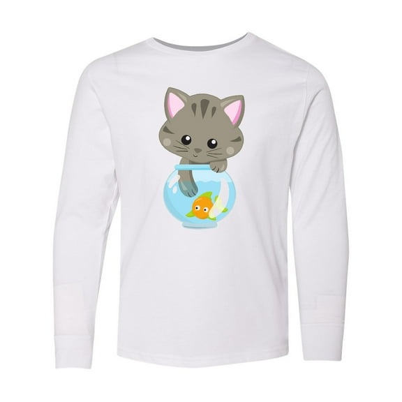 Inktastic Kitty And The Fish Bowl, Cute Little Cat, Fish Long Sleeve Youth T-Shirt