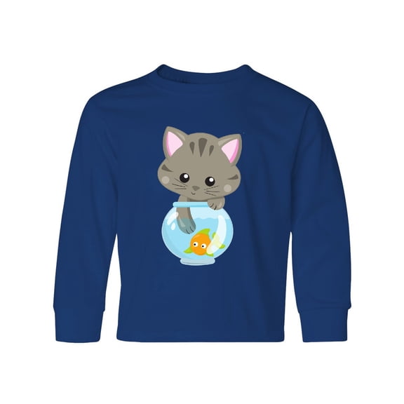 Inktastic Kitty And The Fish Bowl, Cute Little Cat, Fish Long Sleeve Youth T-Shirt