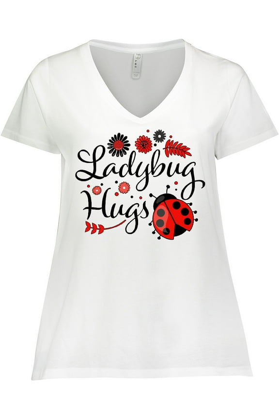 Ladybug Hugs with Cute Ladybug and Flowers Women's Plus Size V-Neck T-Shirt