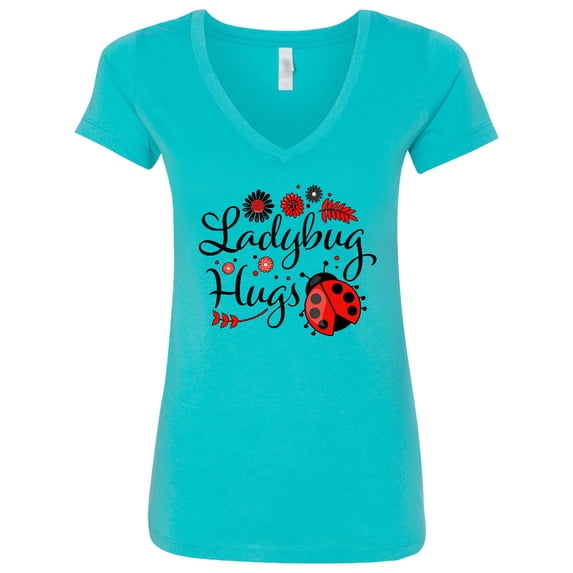 Inktastic Ladybug Hugs with Cute Ladybug and Flowers Women's V-Neck T-Shirt