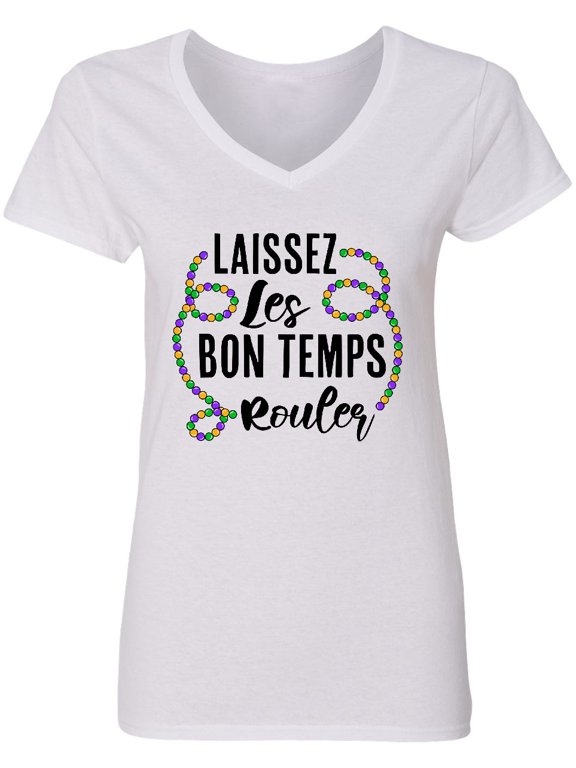 Laissez Les Bon Temps Rouler Mardi Gras Beads Women's V-Neck T-Shirt