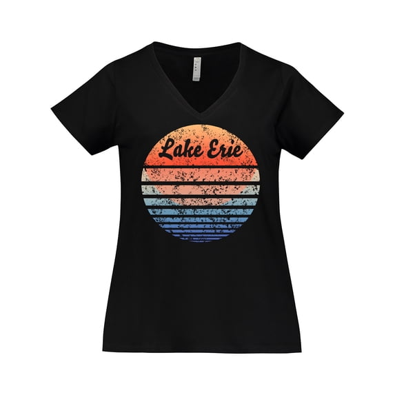 Inktastic Lake Erie Distressed Retro Sunset Women's Plus Size V-Neck T-Shirt