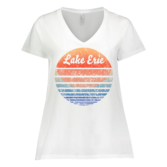 Inktastic Lake Erie Distressed Retro Sunset Women's Plus Size V-Neck T-Shirt