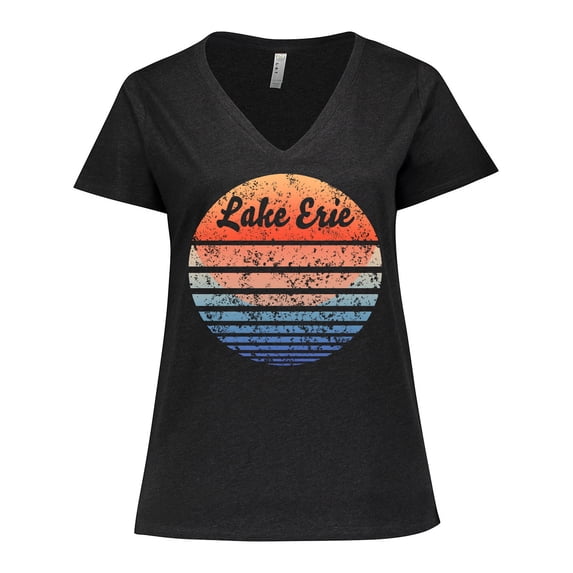 Inktastic Lake Erie Distressed Retro Sunset Women's Plus Size V-Neck T-Shirt
