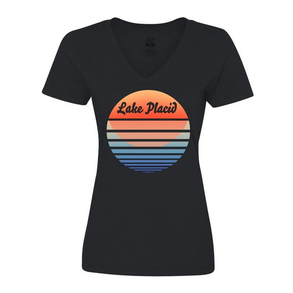 Inktastic Lake Placid Retro Sunset Women's V-Neck T-Shirt