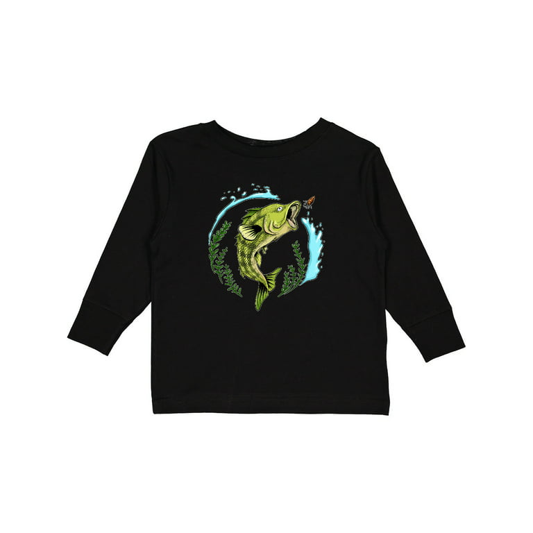 Inktastic Leaping Bass Fish- Fishing Illustration Boys or Girls Long Sleeve Toddler T-Shirt, Toddler Boy's, Size: 3T, Black