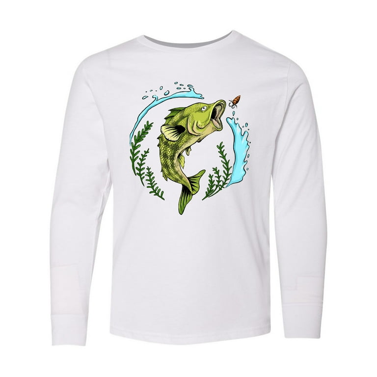 Inktastic Leaping Bass Fish- Fishing Illustration Long Sleeve Youth T-Shirt  