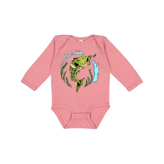 Inktastic Leaping Bass Fish- fishing illustration Boys or Girls Long Sleeve Baby Bodysuit