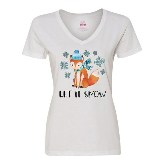 Inktastic Let it Snow Cute Orange Fox in Hat and Scarf Women's V-Neck T-Shirt