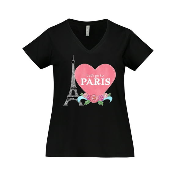 Inktastic Let's Go to Paris with Pink Heart and Eiffel Tower Women's Plus Size V-Neck T-Shirt