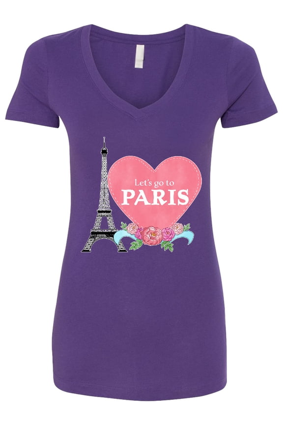 Let's Go to Paris with Pink Heart and Eiffel Tower Women's V-Neck T-Shirt