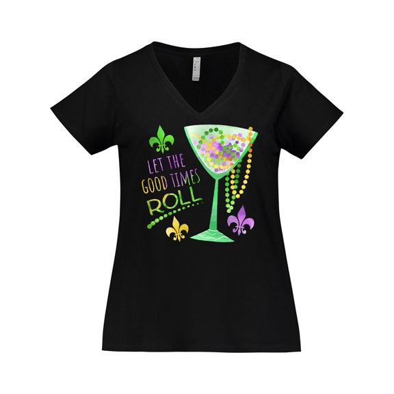 Inktastic Let the Good Times Roll Mardi Gras Goblet and Beads Women's Plus Size V-Neck T-Shirt