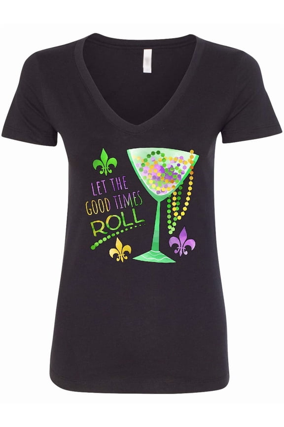 Let the Good Times Roll Mardi Gras Goblet and Beads Women's V-Neck T-Shirt