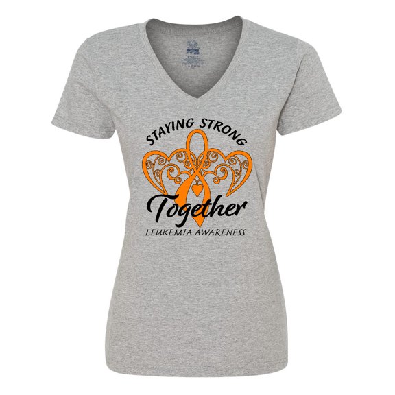 Inktastic Leukemia Awareness Staying Strong Together and Orange Ribbon Women's V-Neck T-Shirt