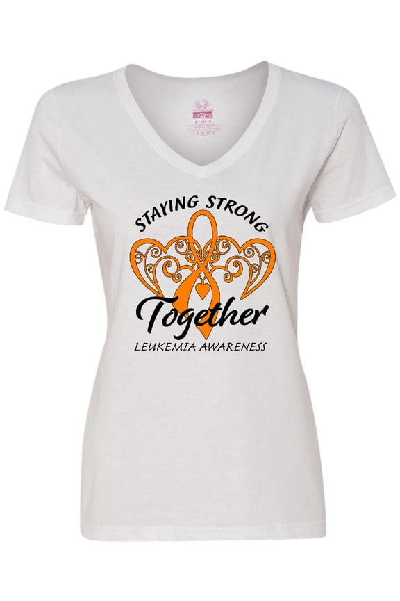 Leukemia Awareness Staying Strong Together and Orange Ribbon Women's V-Neck T-Shirt